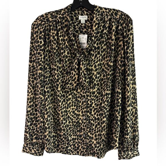 NWT J Crew Animal Print Tie Neck Button Down Blouse Size S - Picture 1 of 4